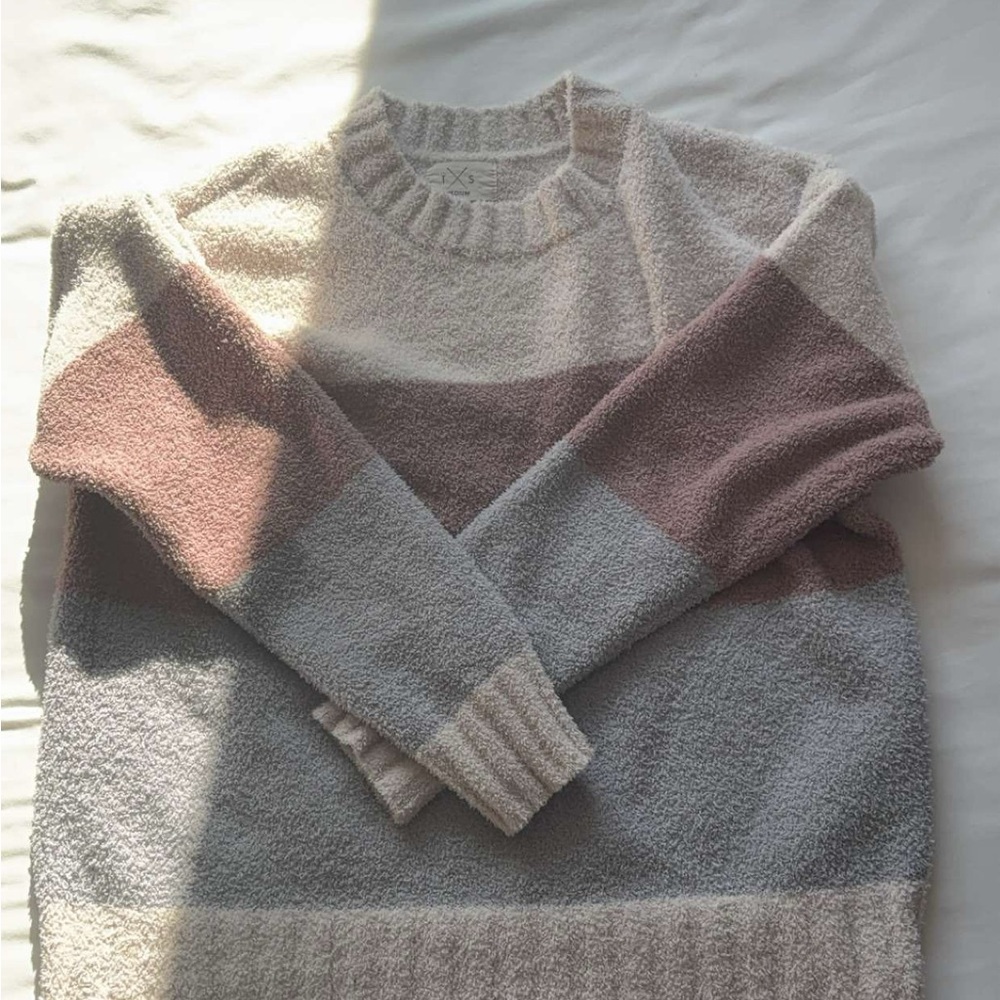 Cream and Pink Crew Neck Sweater with Ribbed Details